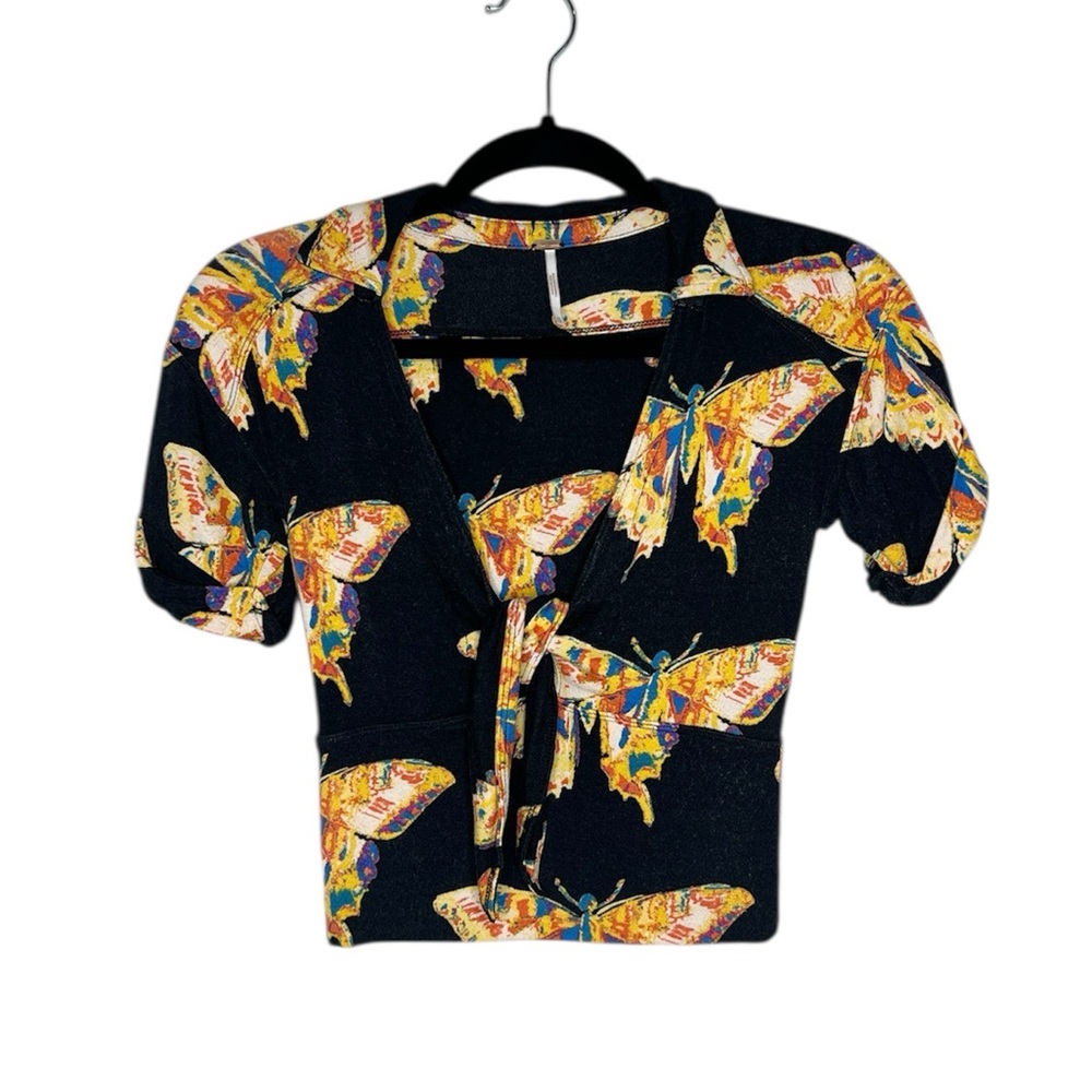 Free People Whimsical Butterfly Print Ready Set Sail Tie Front Crop Top size XS